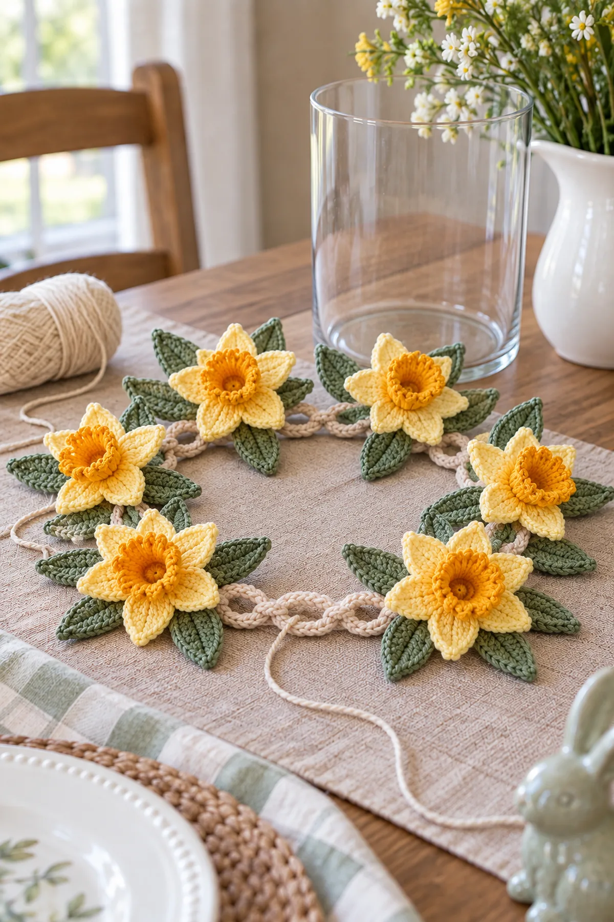 Eight butter yellow crochet daffodils with paired sage leaves ready to join