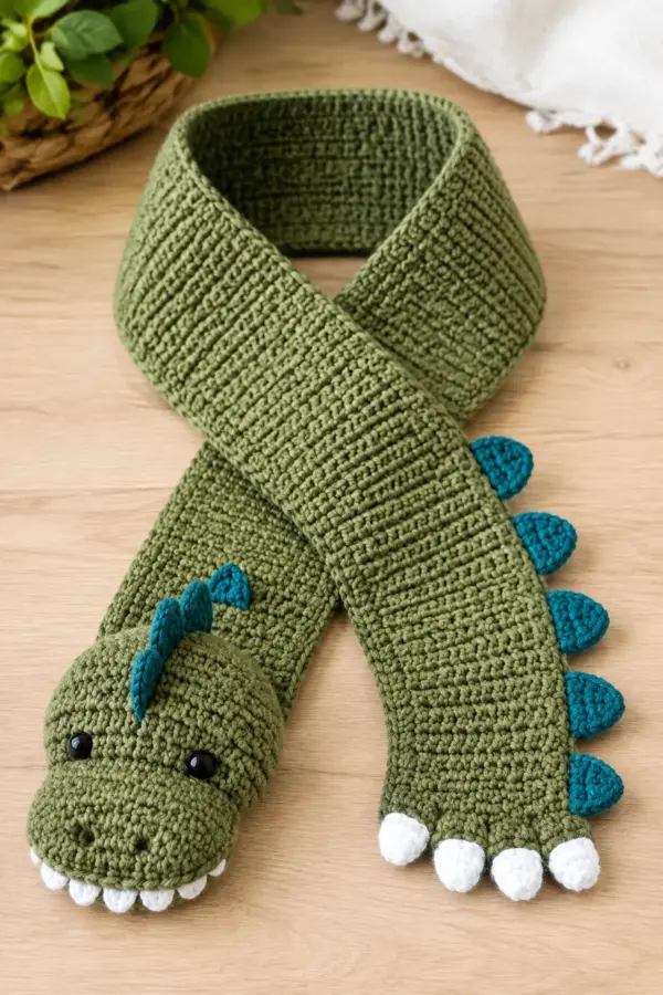 Finished easy crochet dinosaur toddler scarf displayed with a clean handmade finish