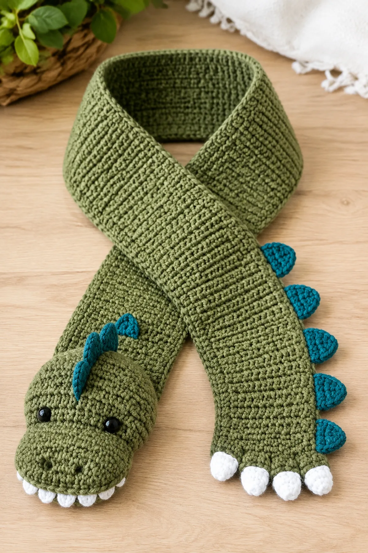 Finished easy crochet dinosaur toddler scarf displayed with a clean handmade finish