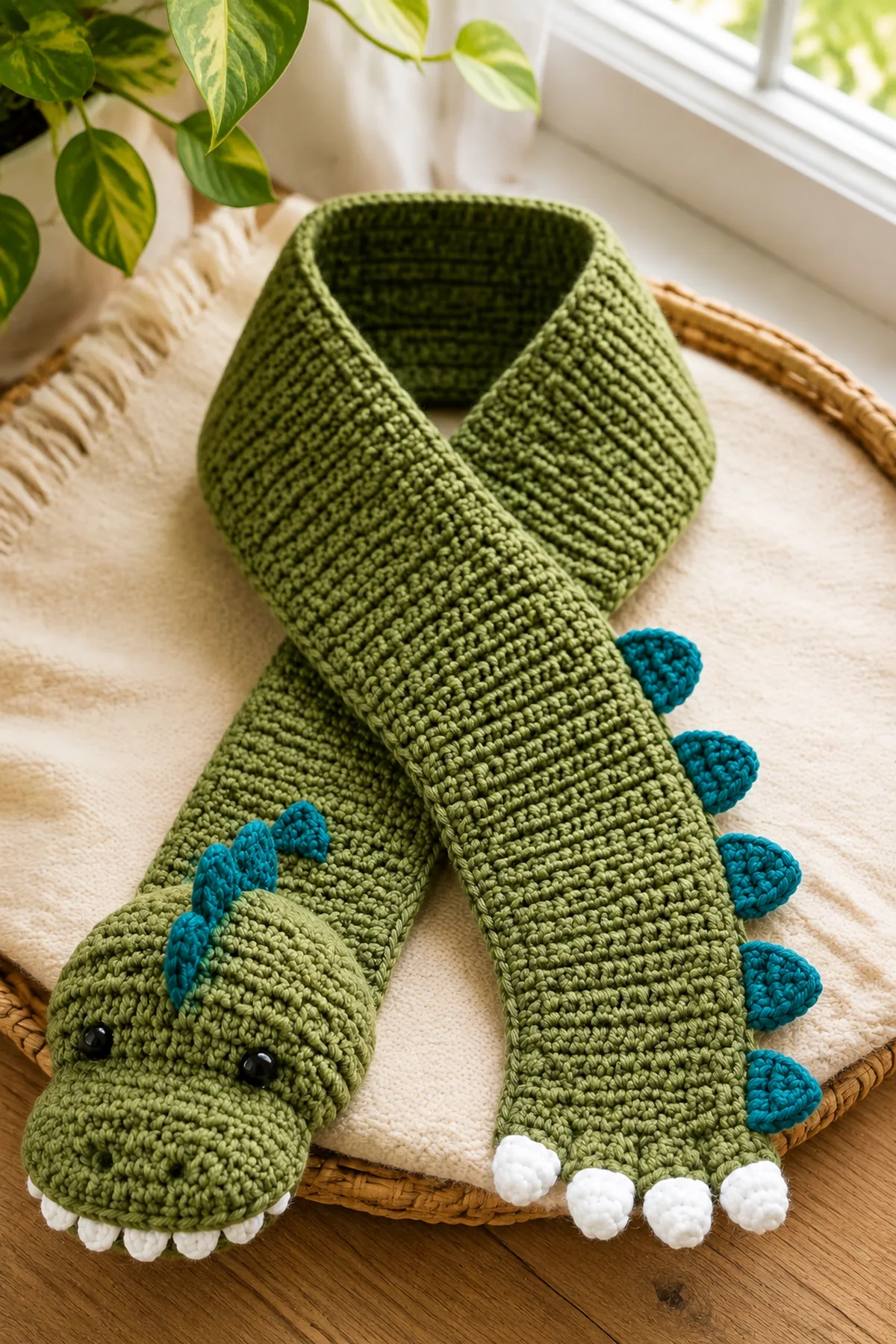 Finished easy crochet dinosaur toddler scarf styled in a bright natural setting