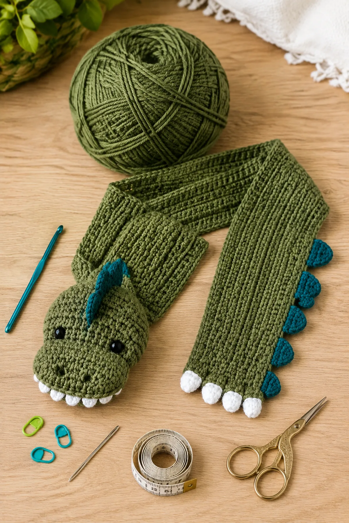 Yarn, crochet hook, stitch markers, yarn needle, tape measure, and scissors for easy crochet dinosaur toddler scarf