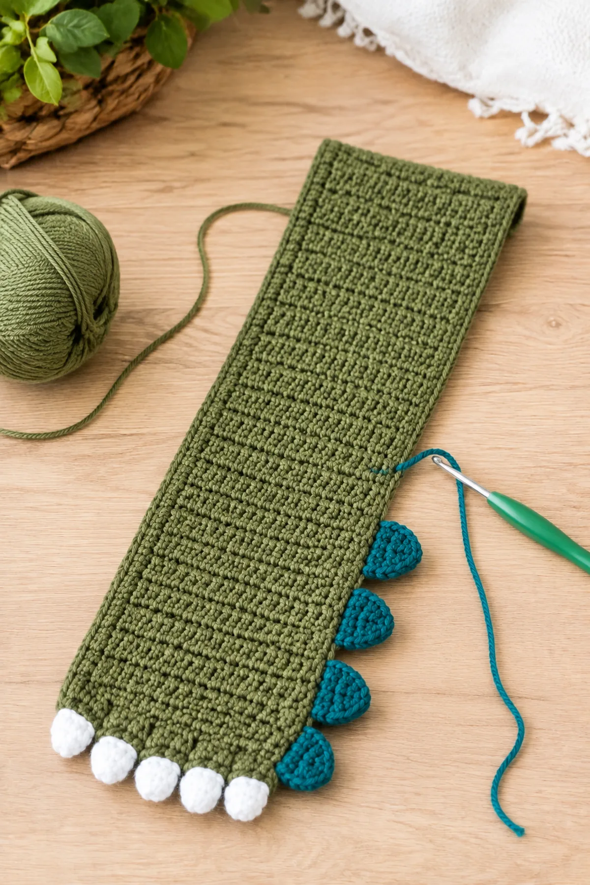 Early crochet construction stage for easy crochet dinosaur toddler scarf with working yarn and hook