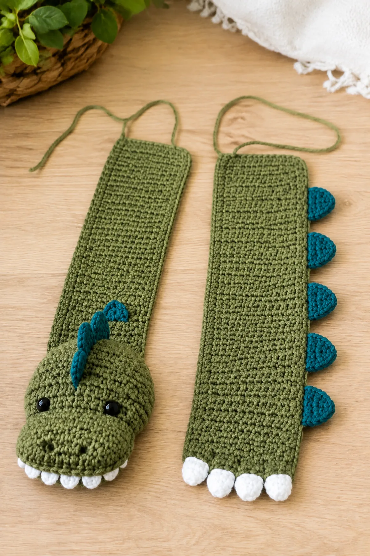 Mid-process crochet construction and shaping for easy crochet dinosaur toddler scarf