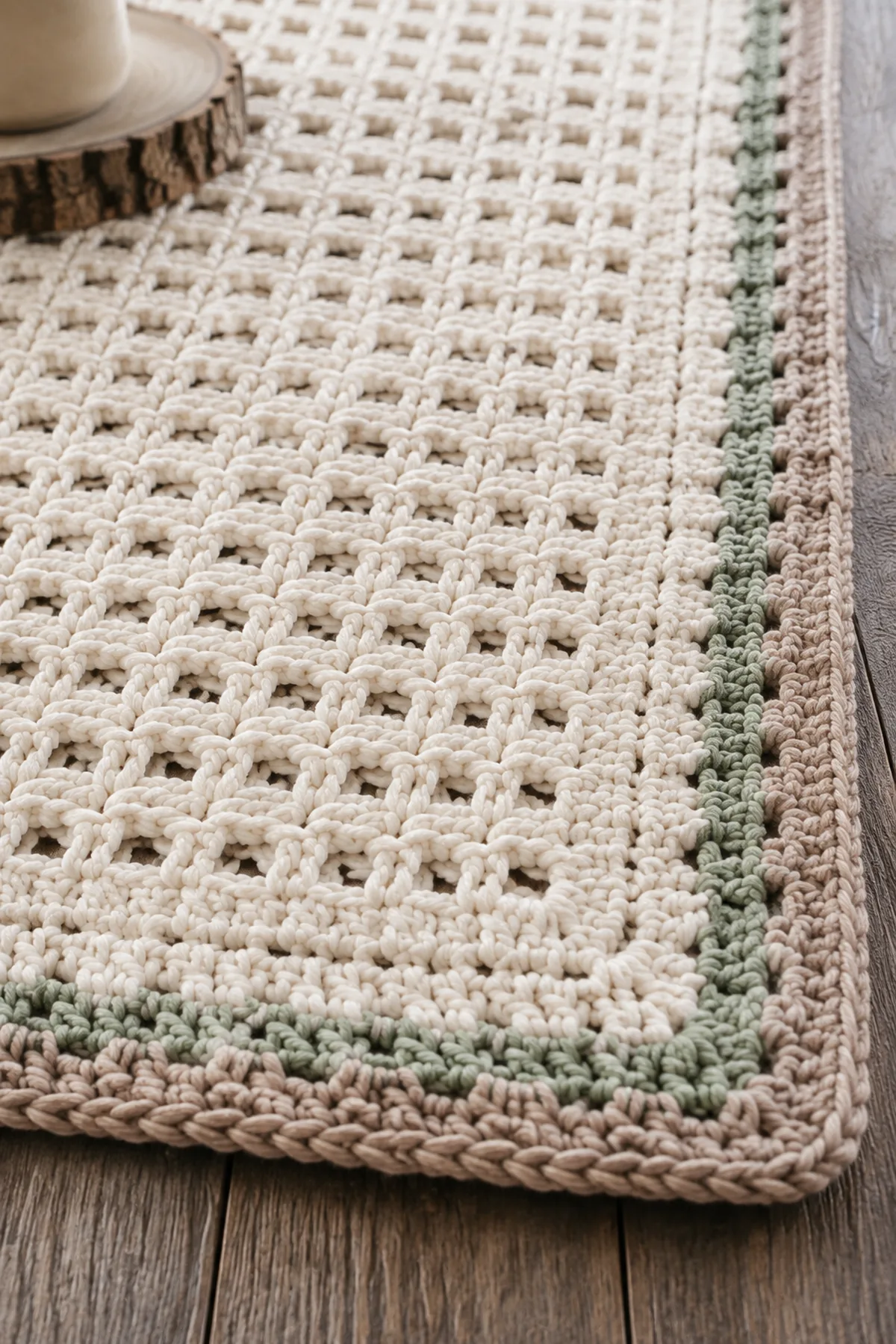 Close-up of the stitch texture and finishing details on easy crochet farmhouse table runner