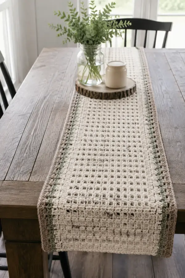 Finished easy crochet farmhouse table runner displayed with a clean handmade finish
