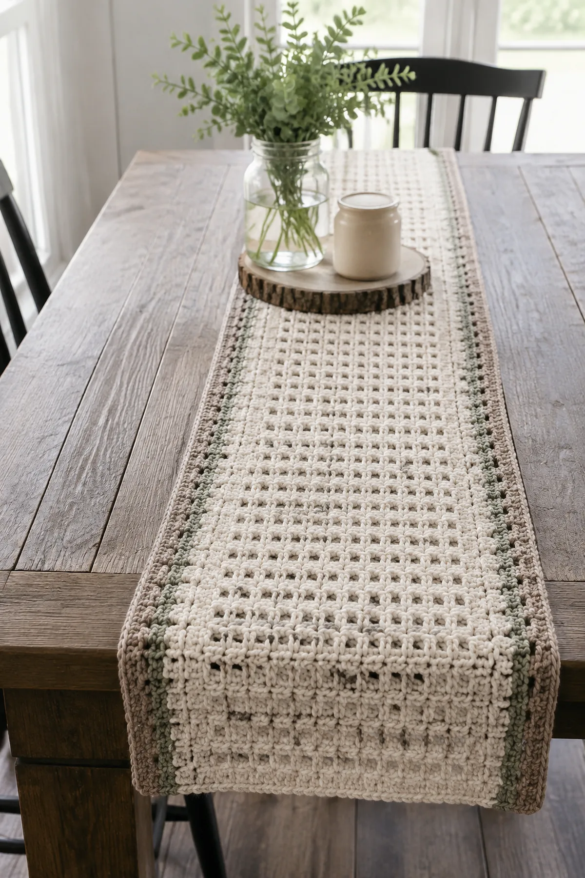Finished easy crochet farmhouse table runner displayed with a clean handmade finish