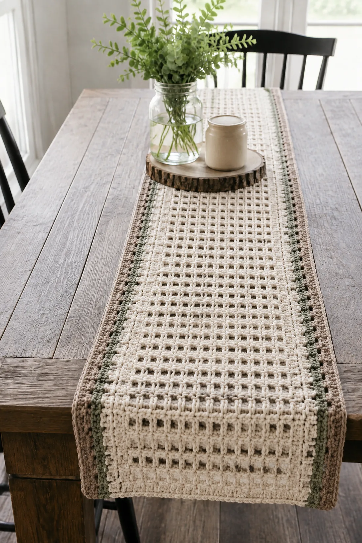 Finished easy crochet farmhouse table runner styled in a bright natural setting