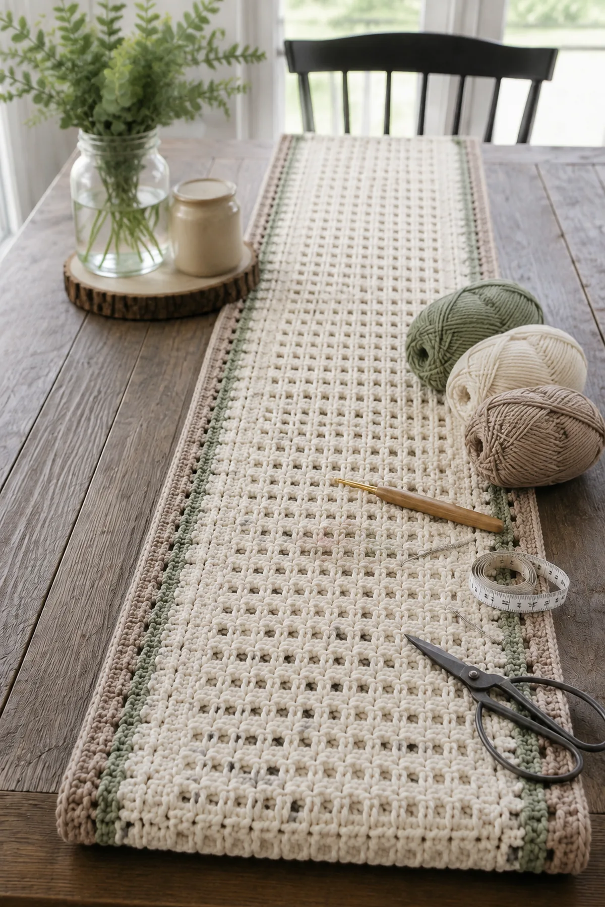 Yarn, crochet hook, stitch markers, yarn needle, tape measure, and scissors for easy crochet farmhouse table runner