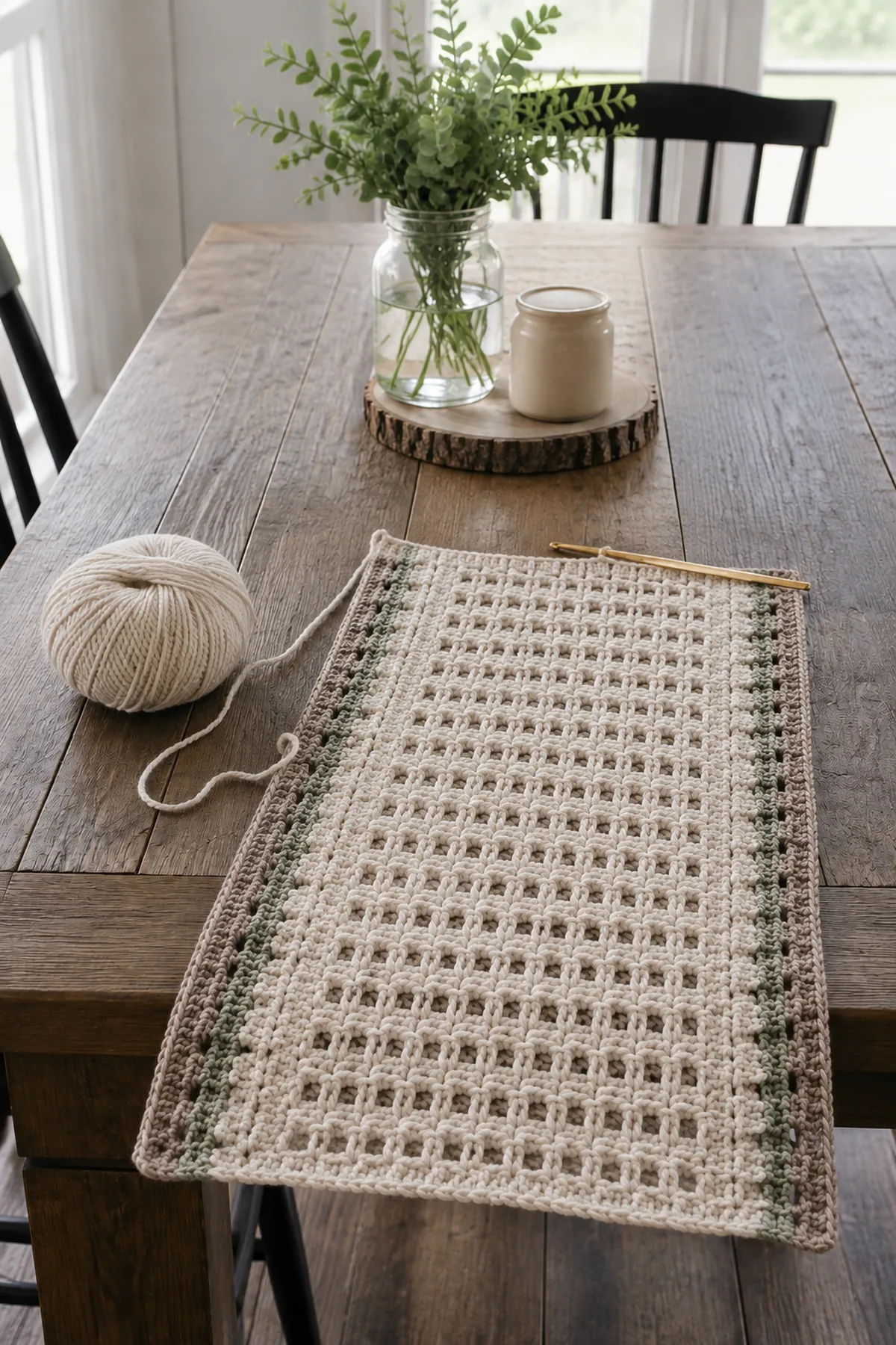 Early crochet construction stage for easy crochet farmhouse table runner with working yarn and hook
