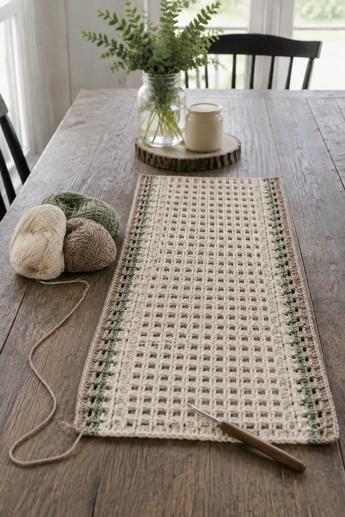 Mid-process crochet construction and shaping for easy crochet farmhouse table runner