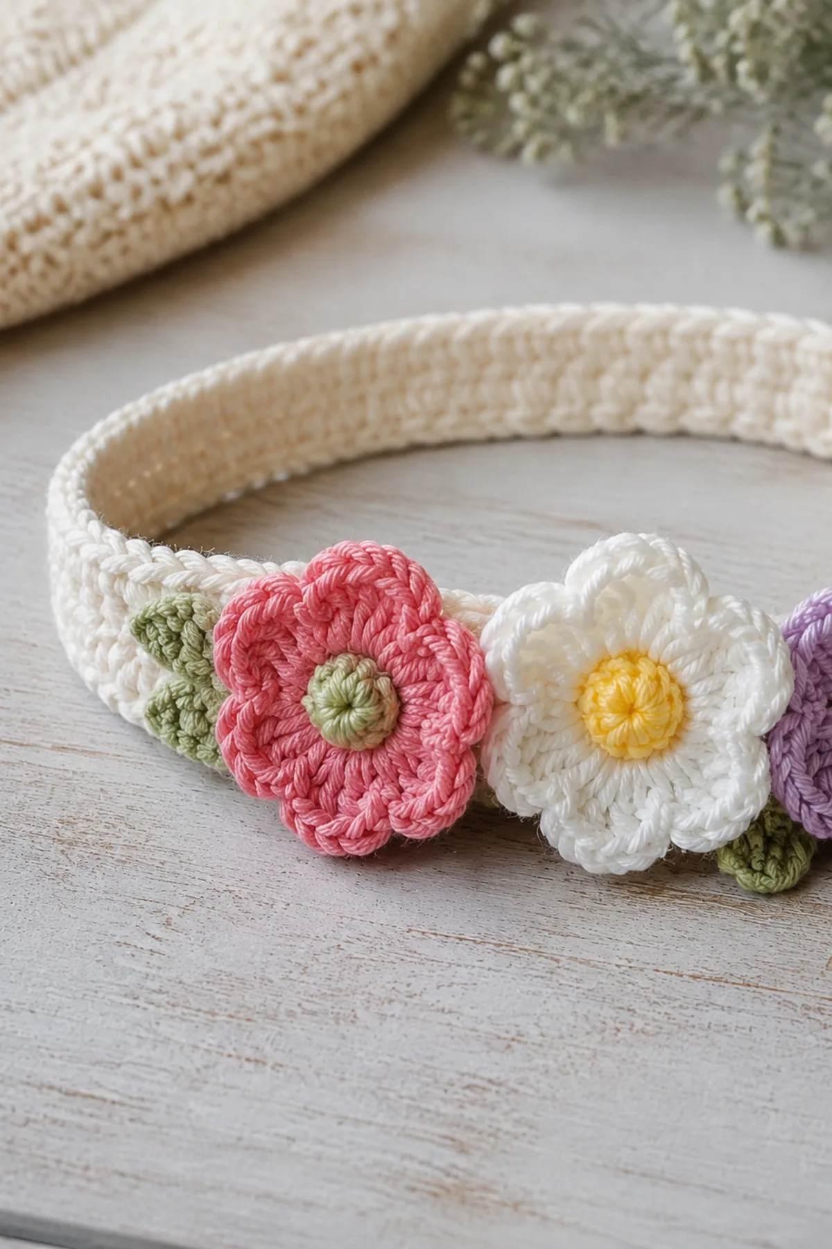 Close-up of the stitch texture and finishing details on easy crochet flower child headband