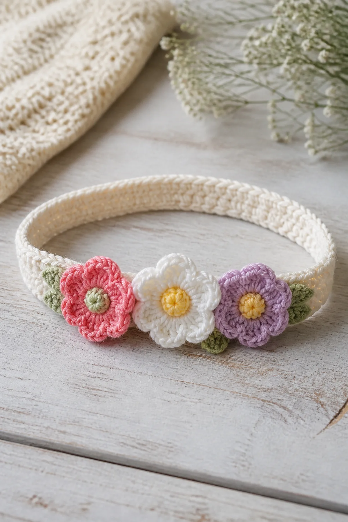 Finished easy crochet flower child headband displayed with a clean handmade finish