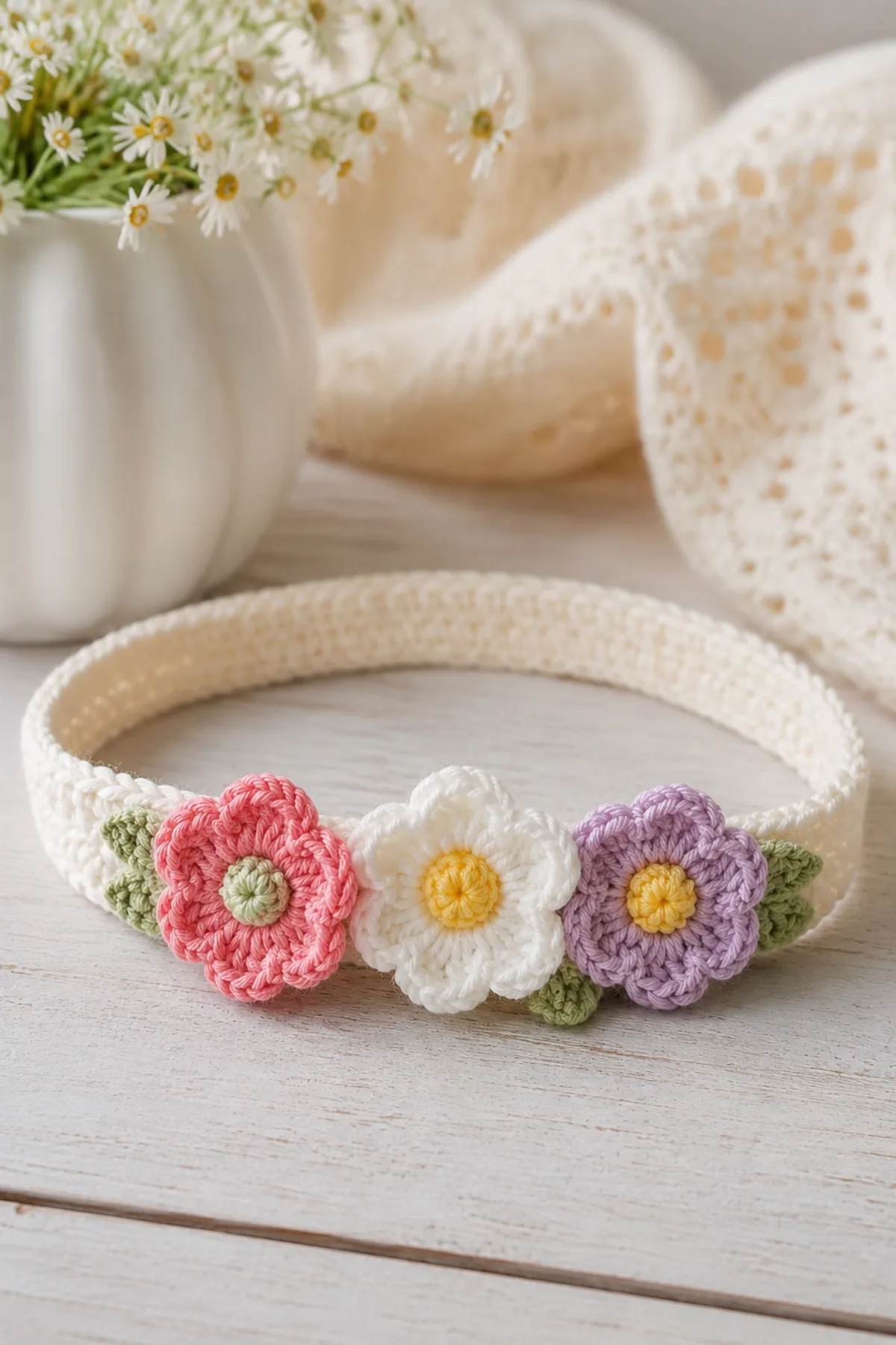 Finished easy crochet flower child headband styled in a bright natural setting
