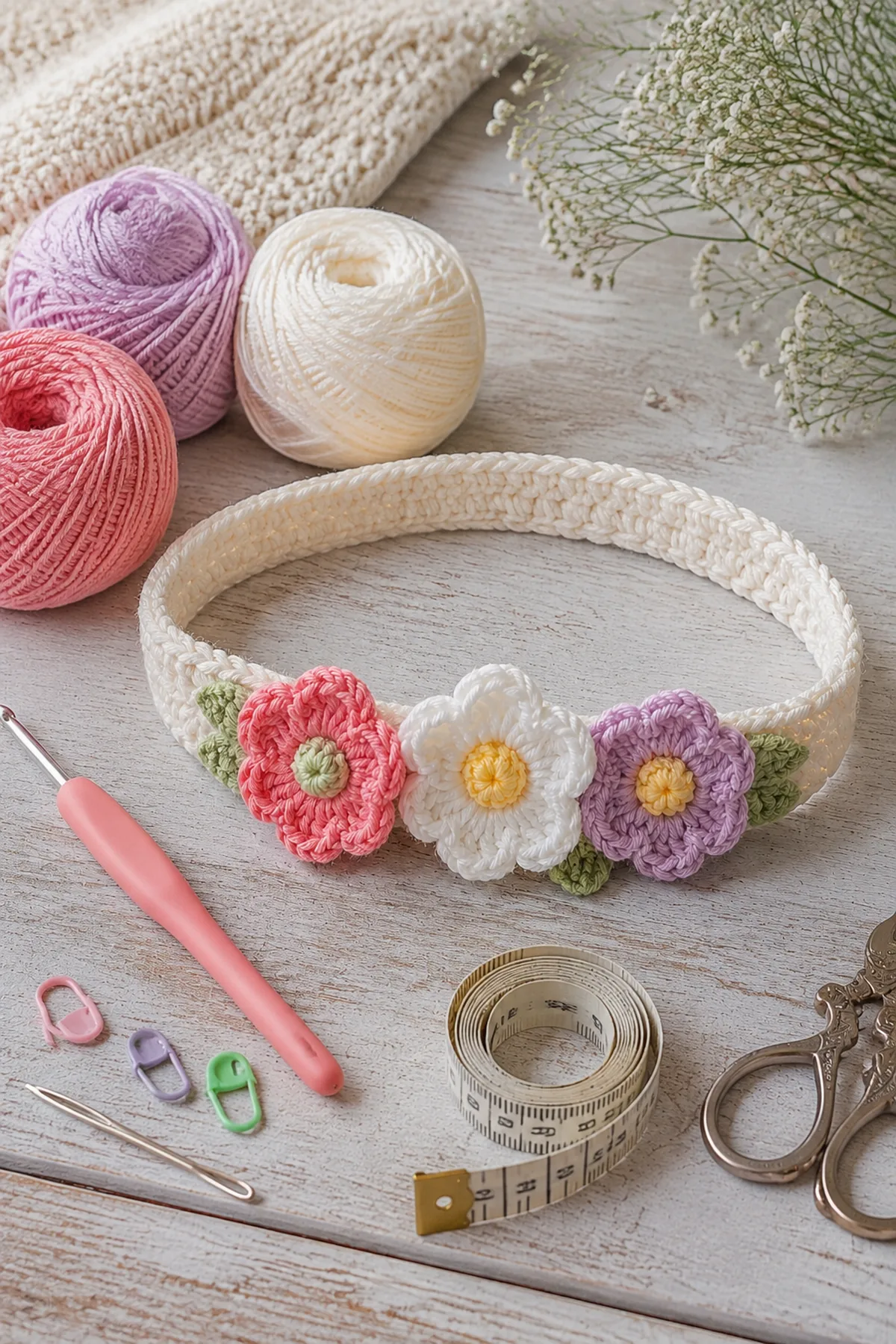 Yarn, crochet hook, stitch markers, yarn needle, tape measure, and scissors for easy crochet flower child headband