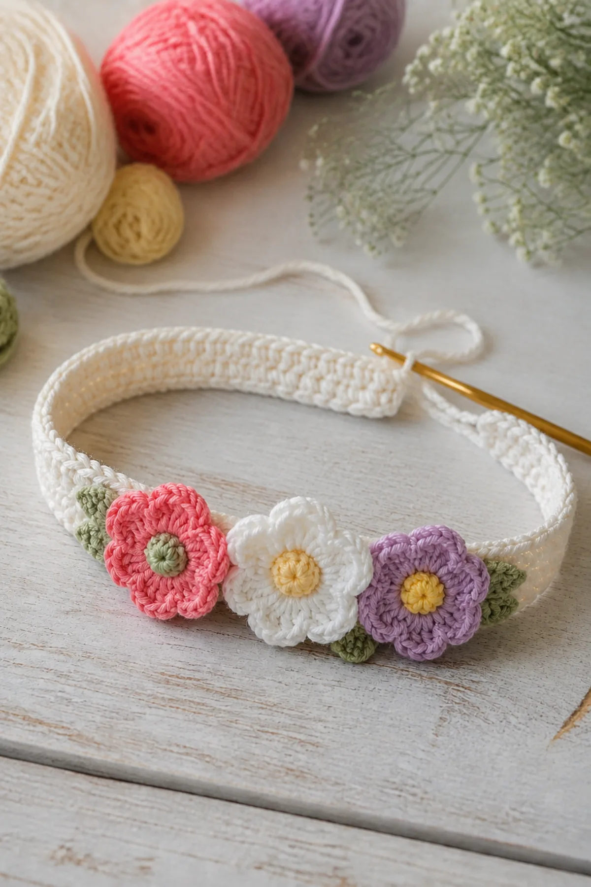 Early crochet construction stage for easy crochet flower child headband with working yarn and hook