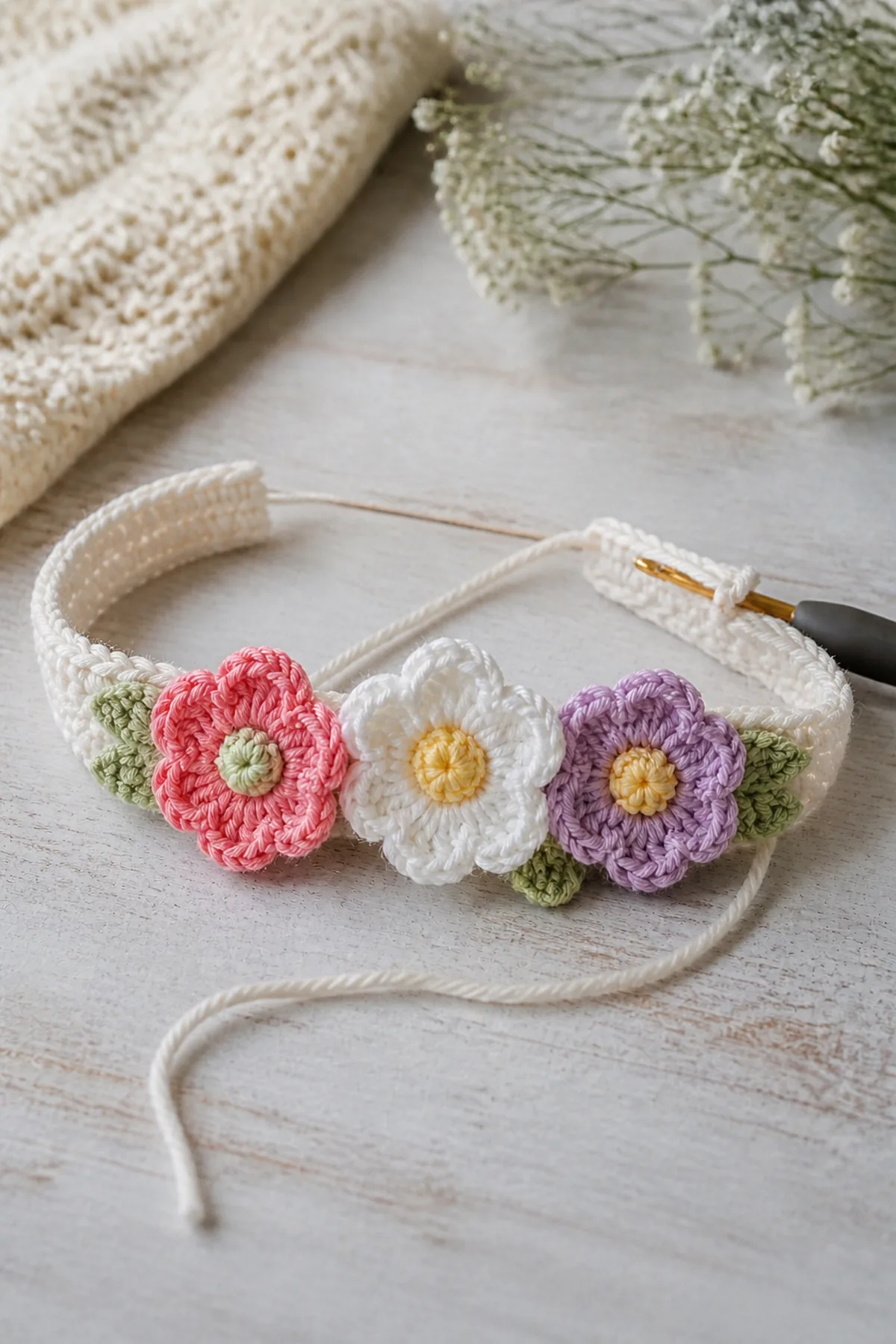 Mid-process crochet construction and shaping for easy crochet flower child headband