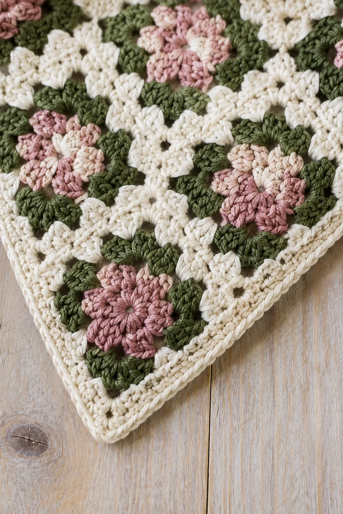 Close-up of the stitch texture and finishing details on easy crochet granny square bandana