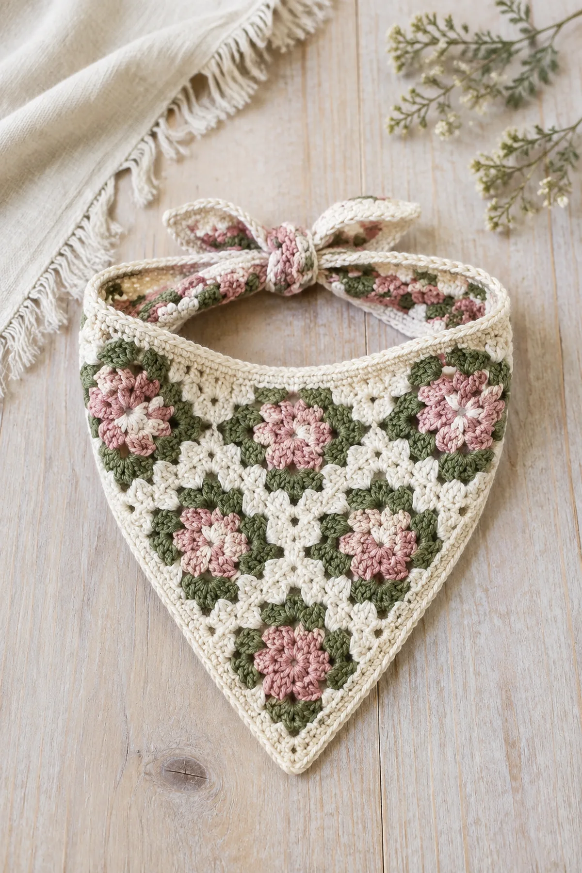 Finished easy crochet granny square bandana displayed with a clean handmade finish