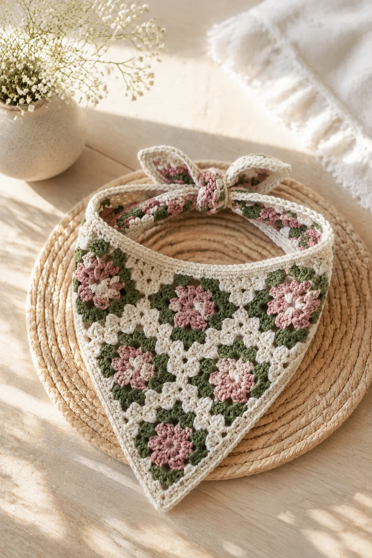 Finished easy crochet granny square bandana styled in a bright natural setting