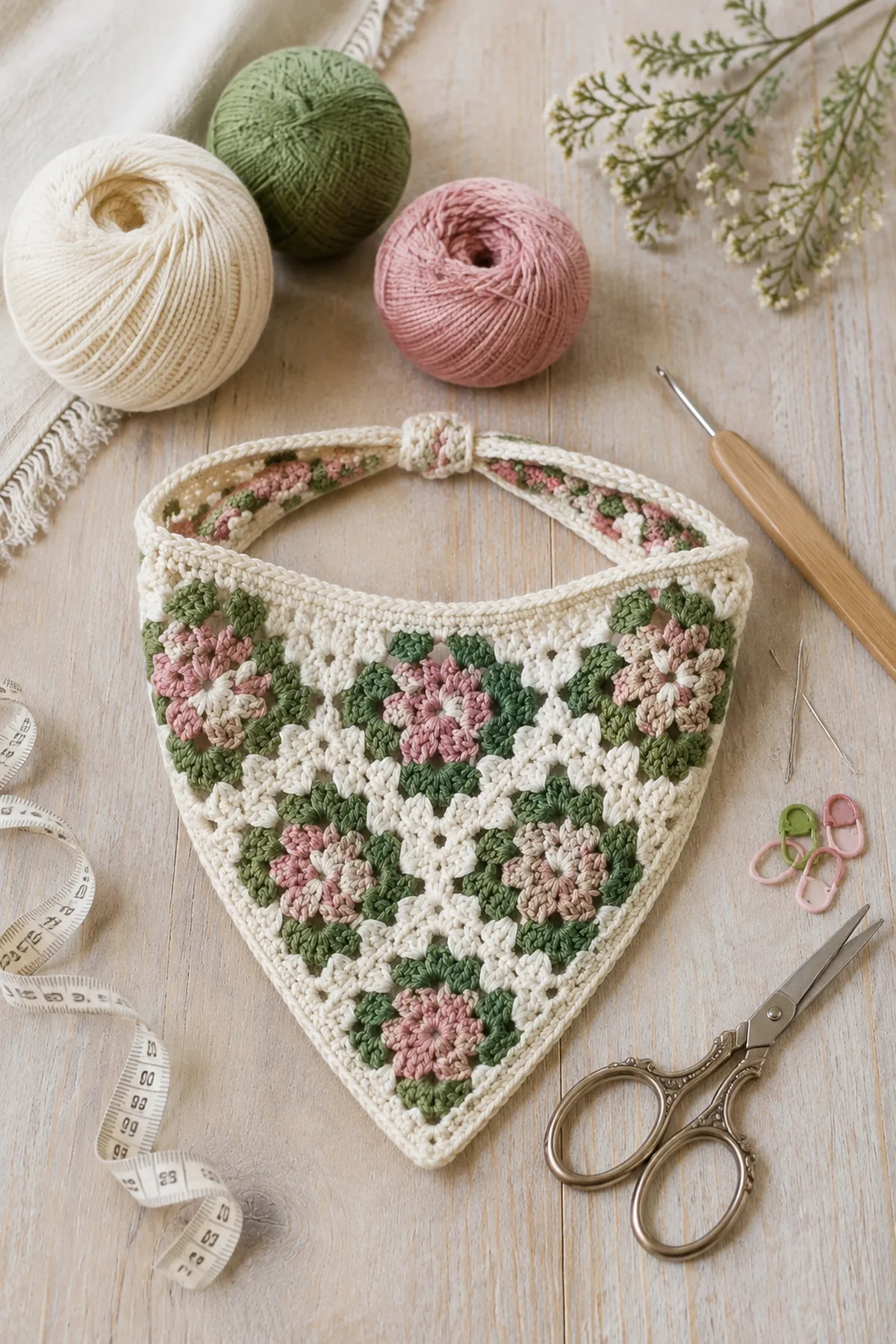 Yarn, crochet hook, stitch markers, yarn needle, tape measure, and scissors for easy crochet granny square bandana