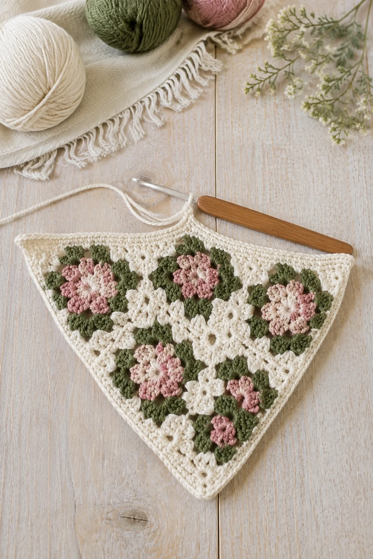 Early crochet construction stage for easy crochet granny square bandana with working yarn and hook