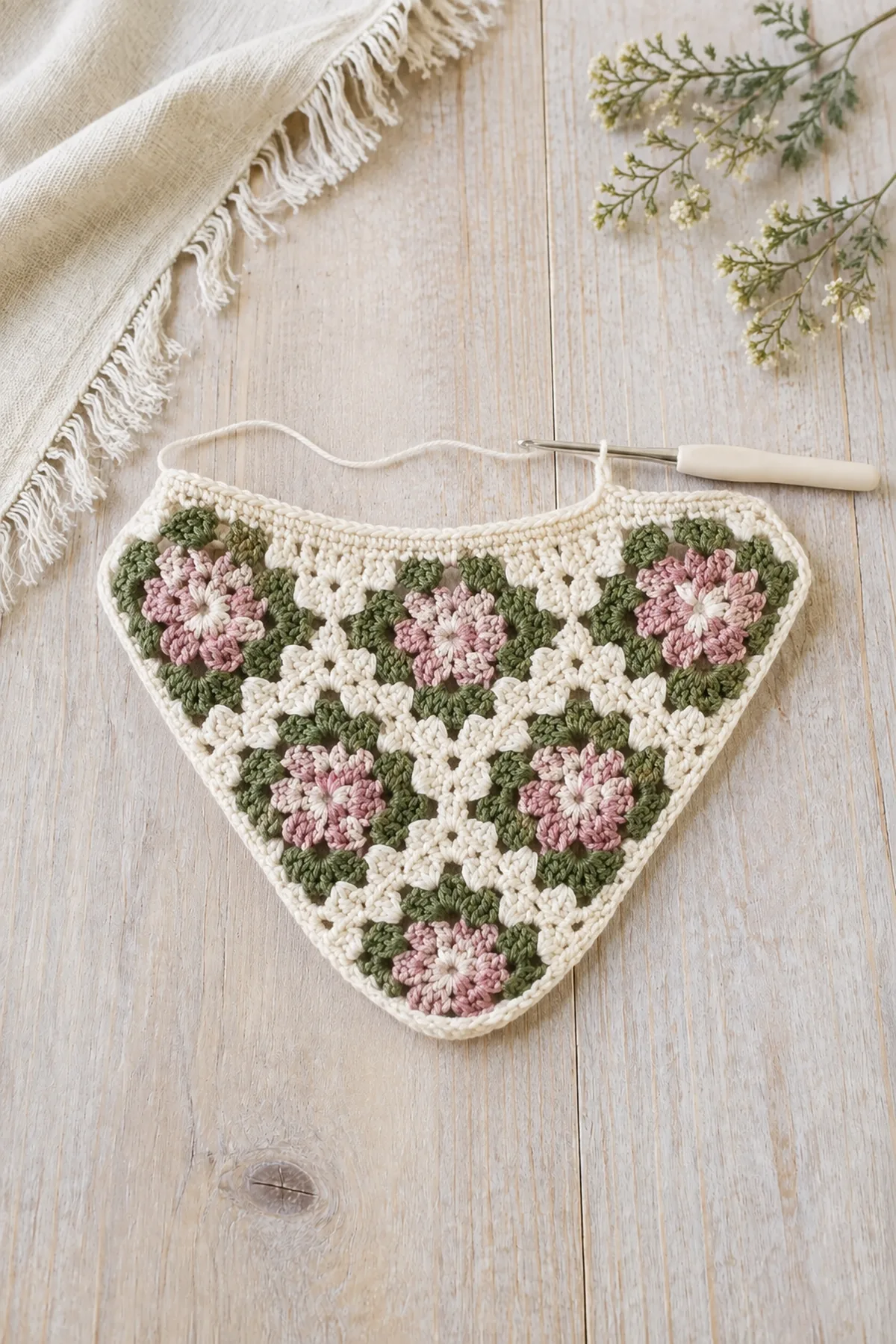 Mid-process crochet construction and shaping for easy crochet granny square bandana
