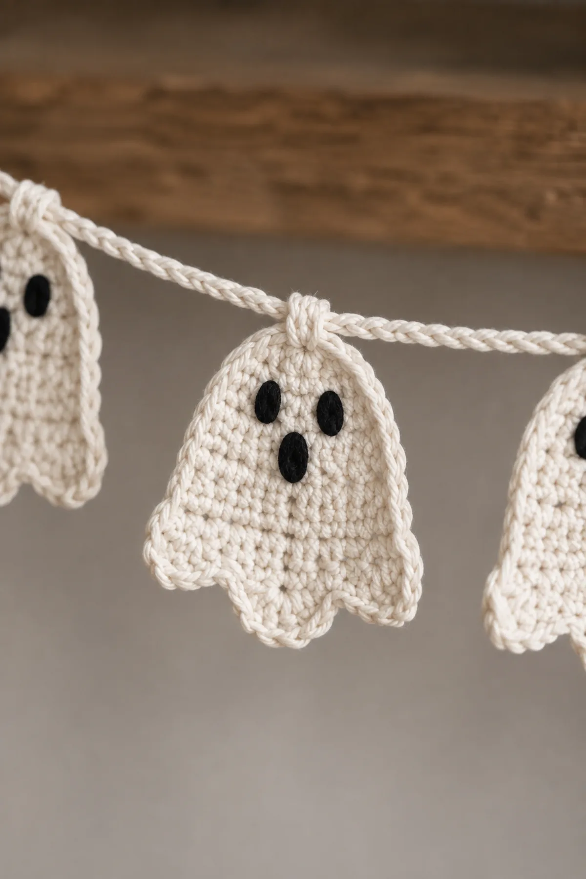 Close-up of the stitch texture and finishing details on easy crochet halloween ghost bunting