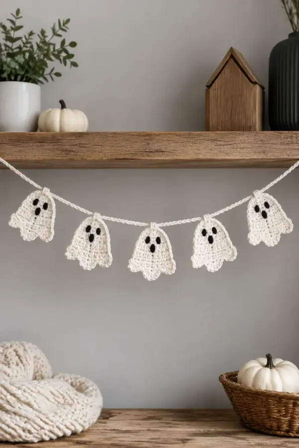 Finished easy crochet halloween ghost bunting displayed with a clean handmade finish