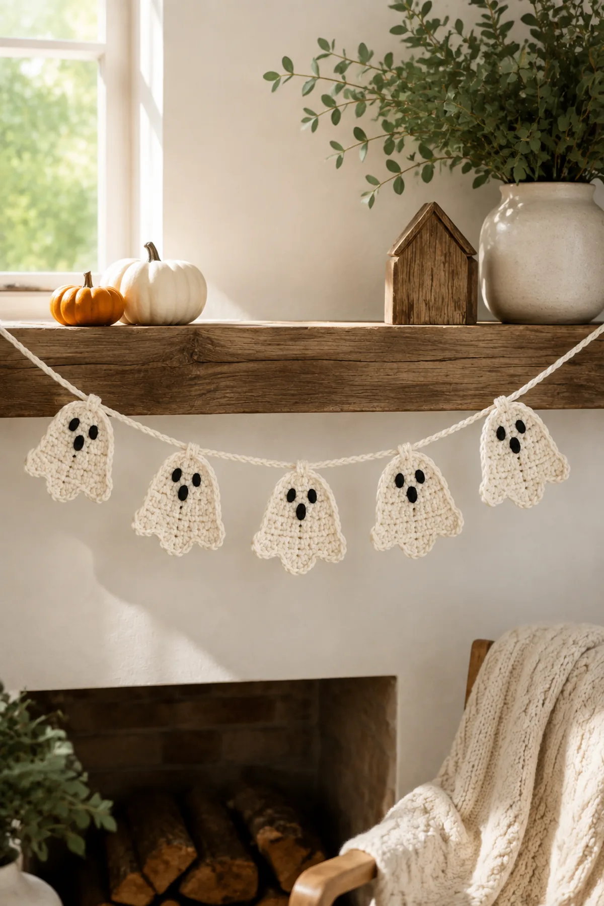 Finished easy crochet halloween ghost bunting styled in a bright natural setting