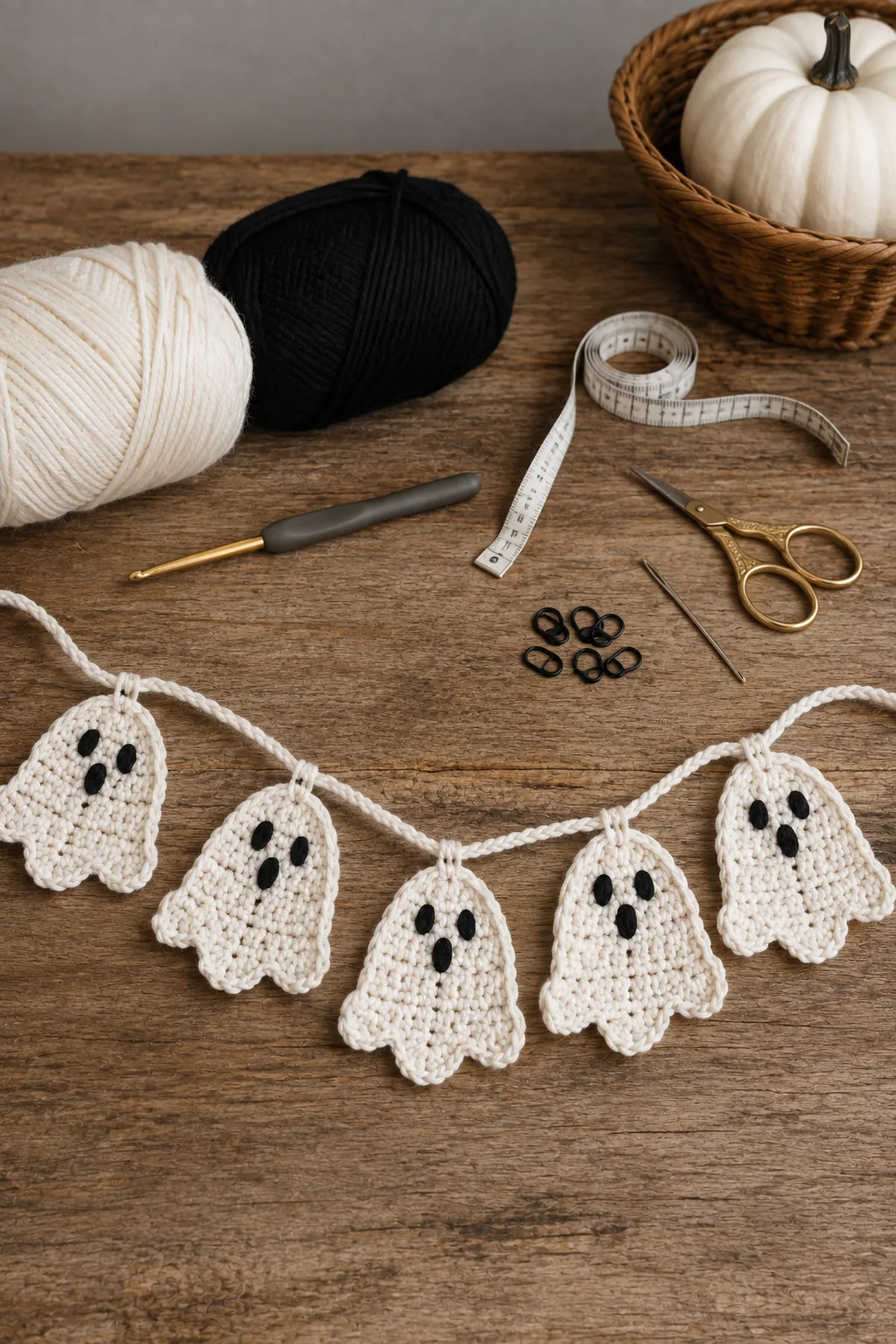 Yarn, crochet hook, stitch markers, yarn needle, tape measure, and scissors for easy crochet halloween ghost bunting
