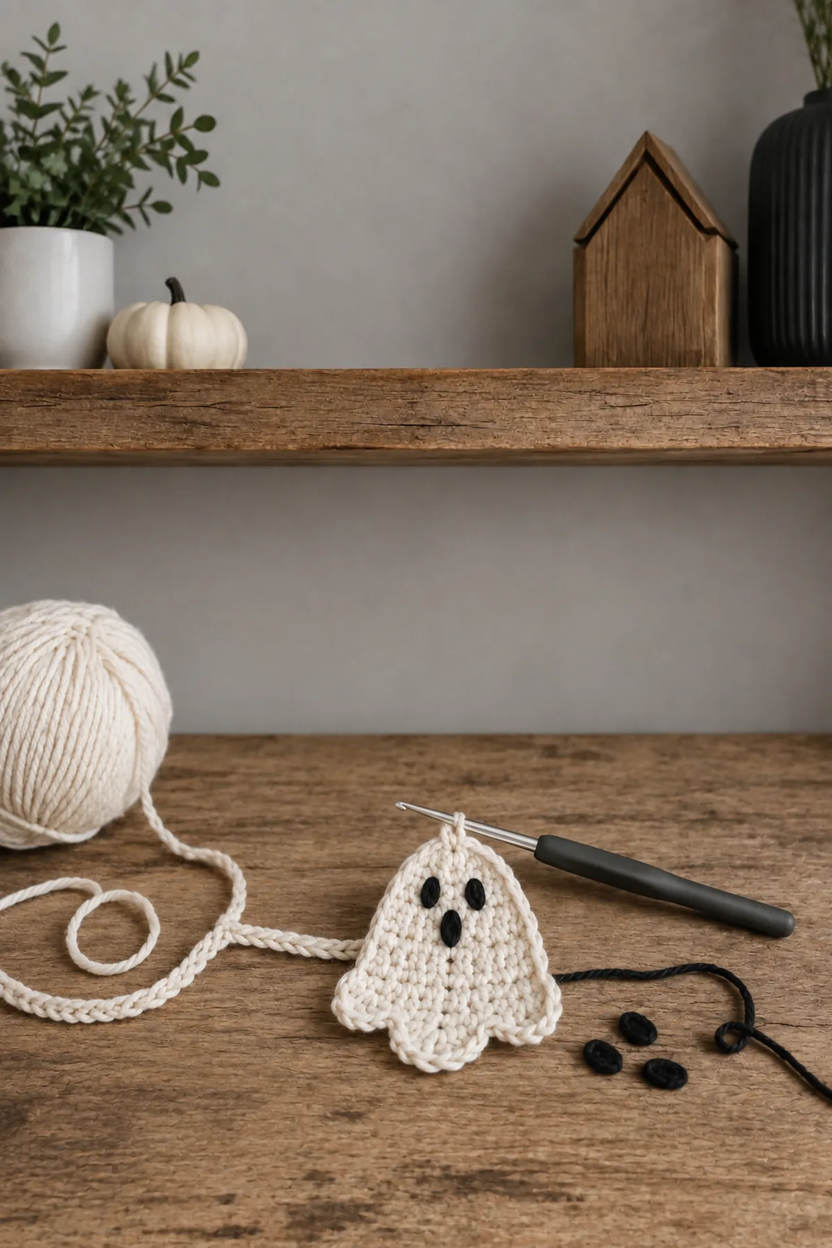 Early crochet construction stage for easy crochet halloween ghost bunting with working yarn and hook
