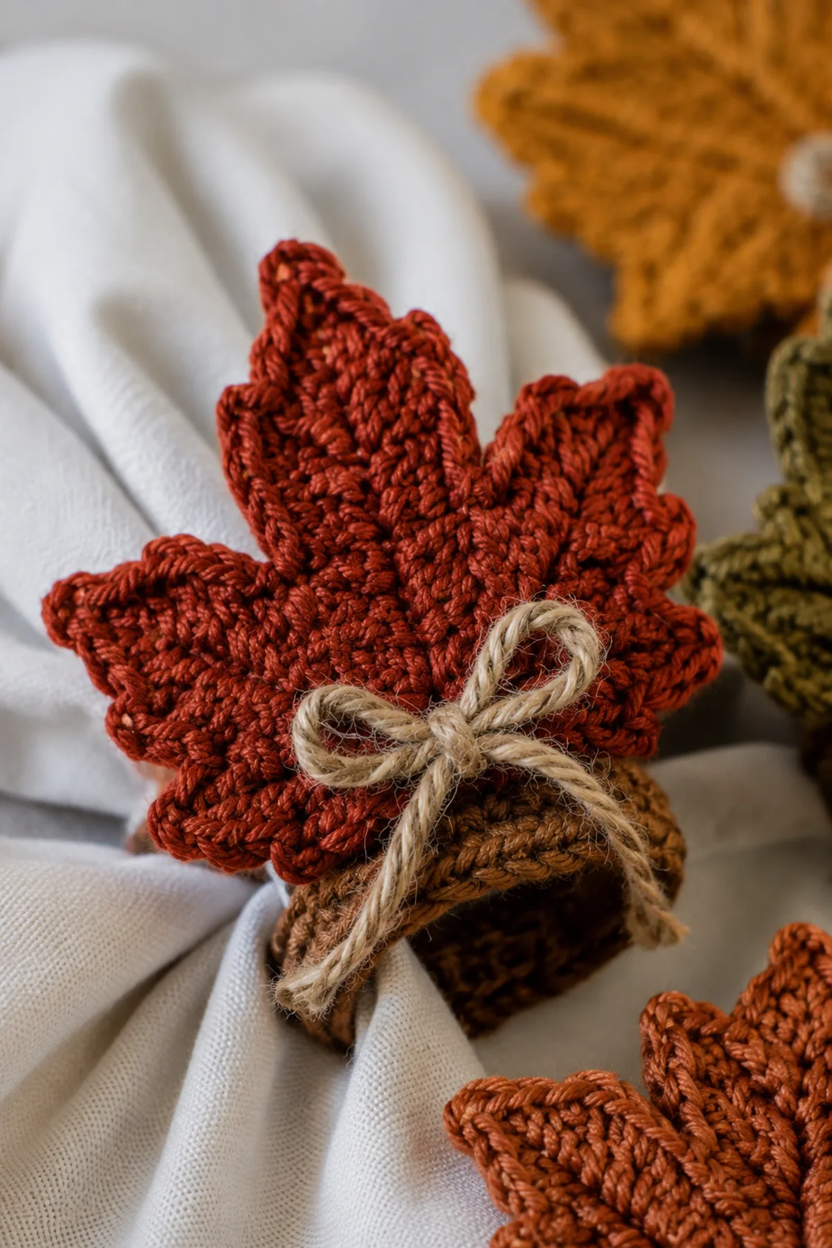 Close-up of the stitch texture and finishing details on easy crochet harvest leaf napkin rings