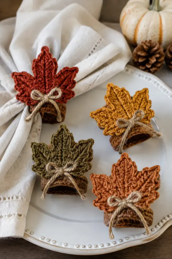 Finished easy crochet harvest leaf napkin rings displayed with a clean handmade finish