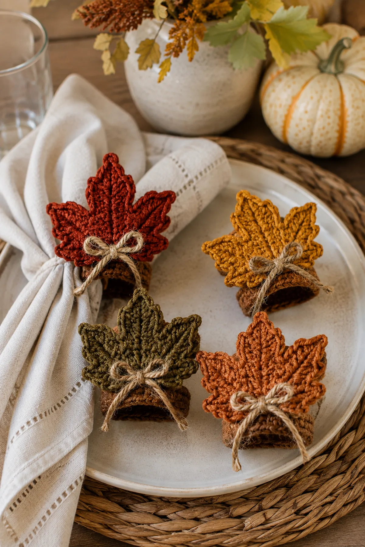 Finished easy crochet harvest leaf napkin rings styled in a bright natural setting