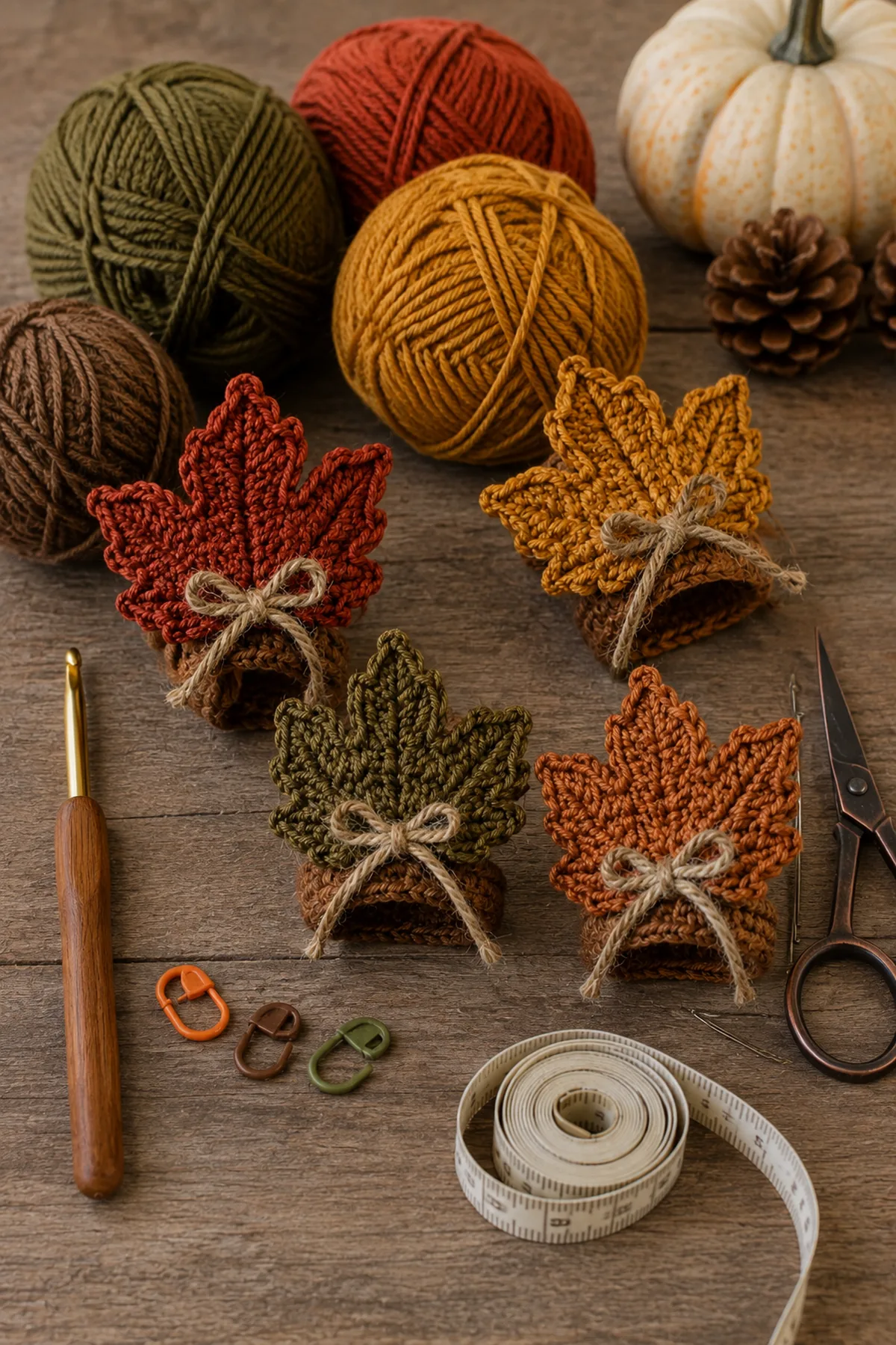 Yarn, crochet hook, stitch markers, yarn needle, tape measure, and scissors for easy crochet harvest leaf napkin rings