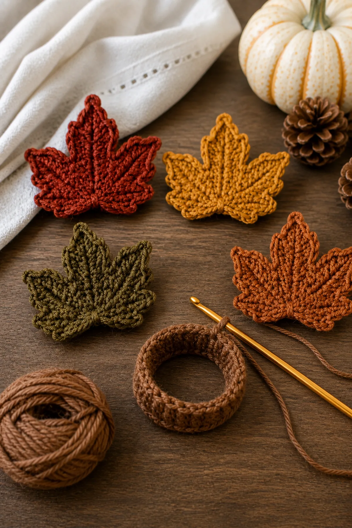 Early crochet construction stage for easy crochet harvest leaf napkin rings with working yarn and hook