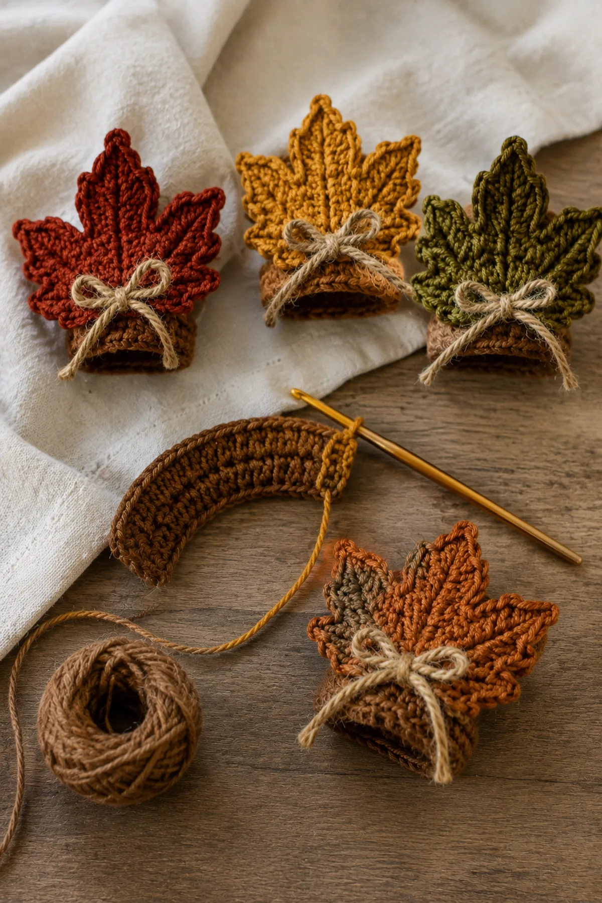Mid-process crochet construction and shaping for easy crochet harvest leaf napkin rings