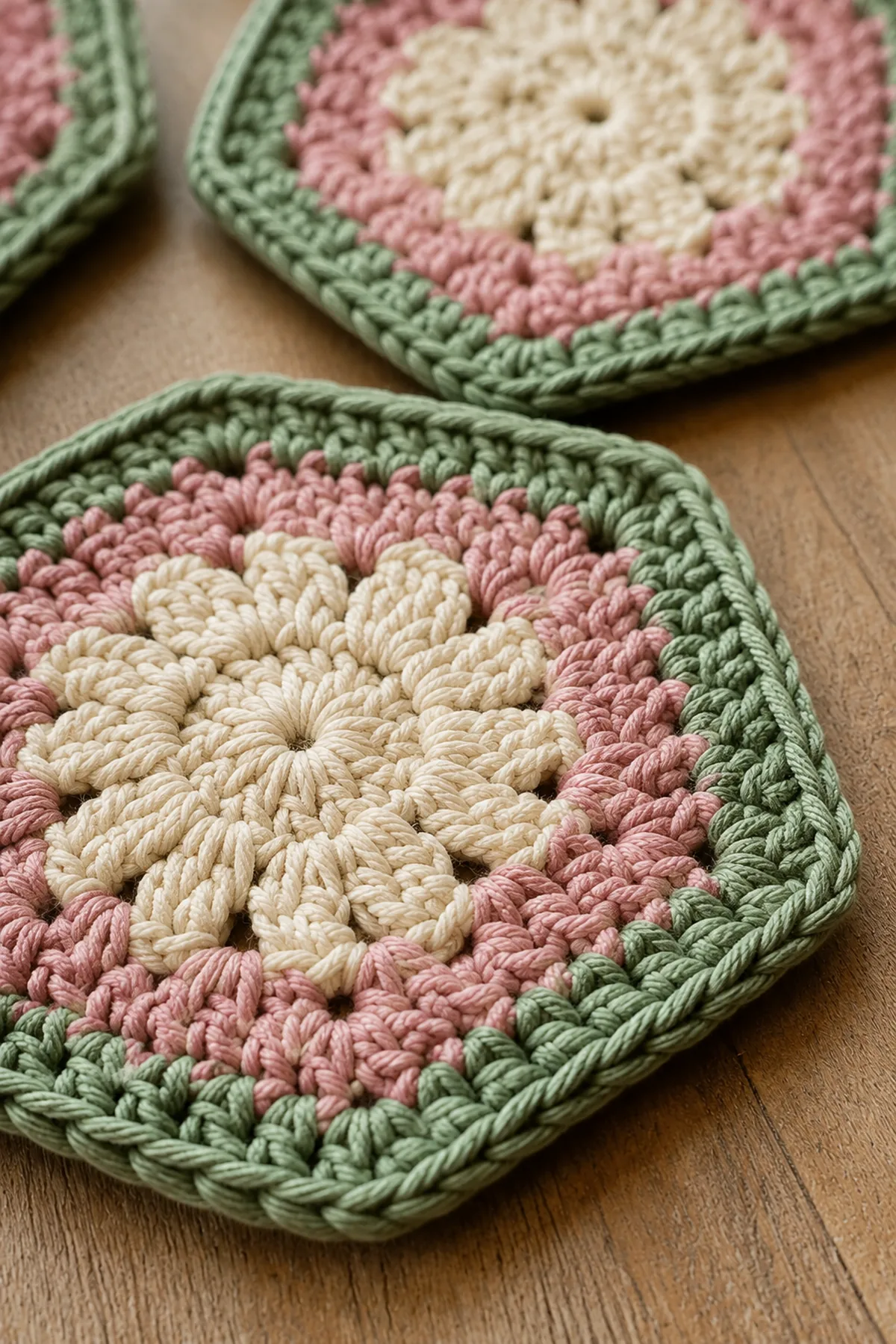 Close-up of the stitch texture and finishing details on easy crochet hexagon cup mats