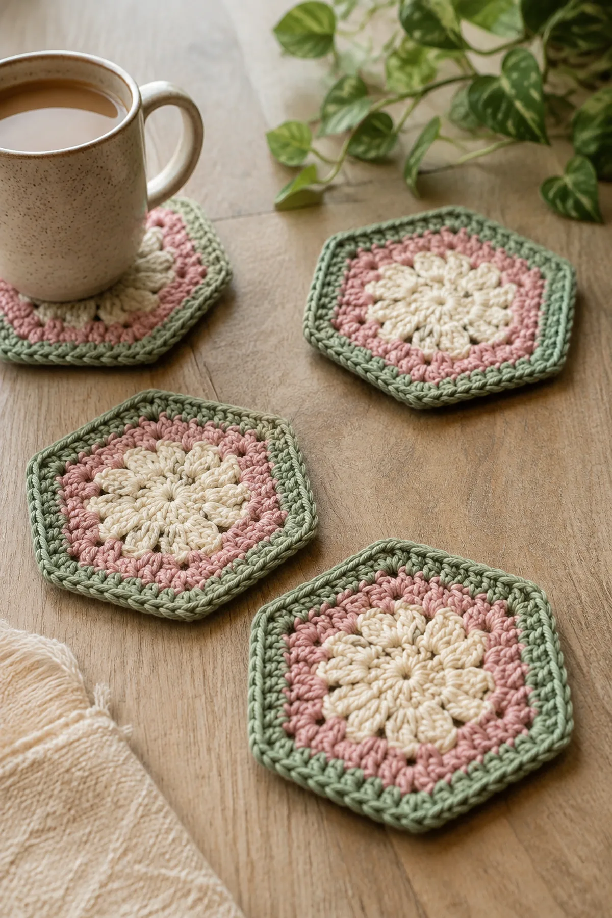 Finished easy crochet hexagon cup mats displayed with a clean handmade finish