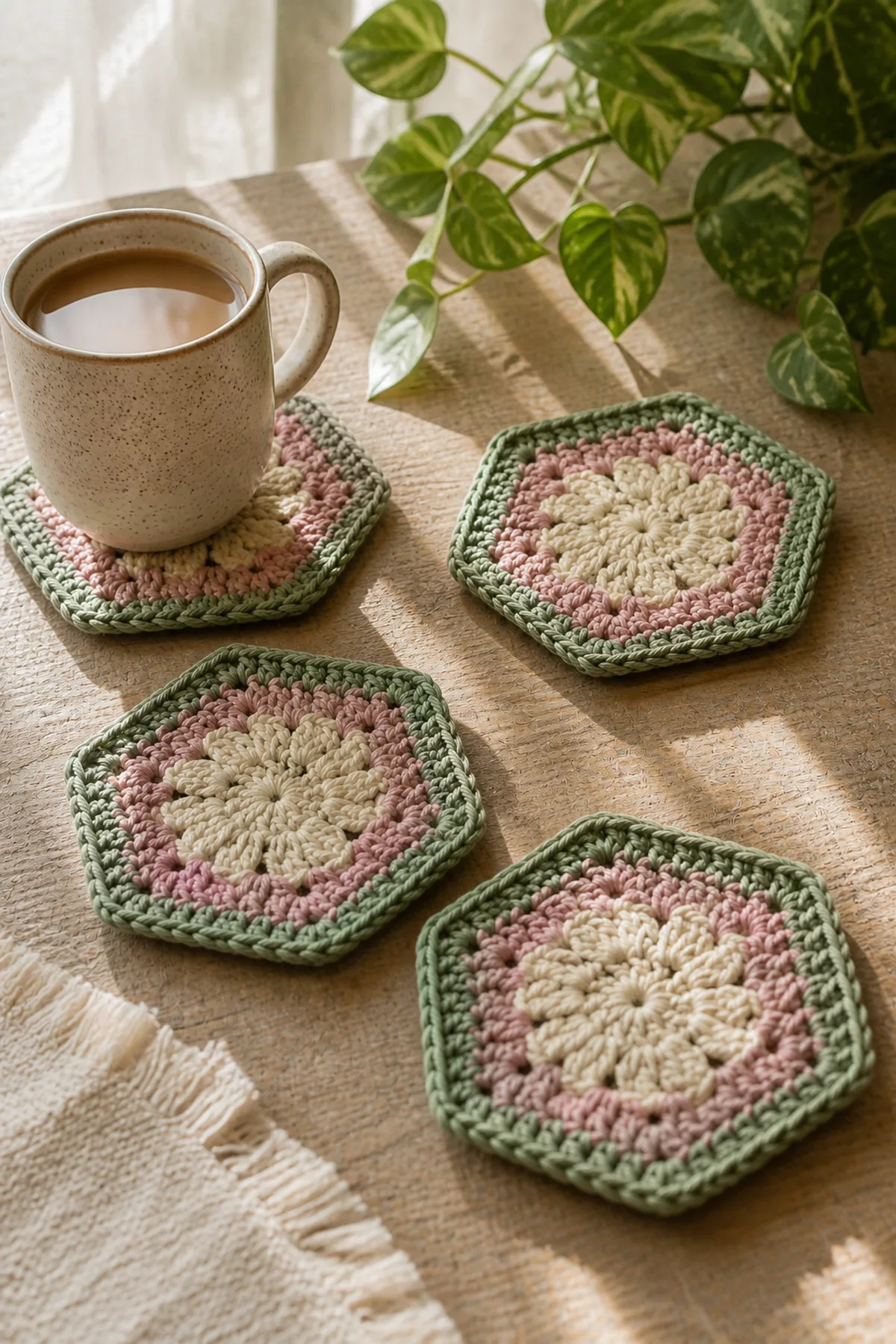 Finished easy crochet hexagon cup mats styled in a bright natural setting
