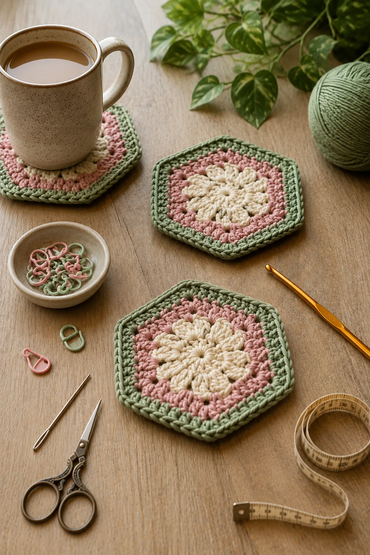 Yarn, crochet hook, stitch markers, yarn needle, tape measure, and scissors for easy crochet hexagon cup mats