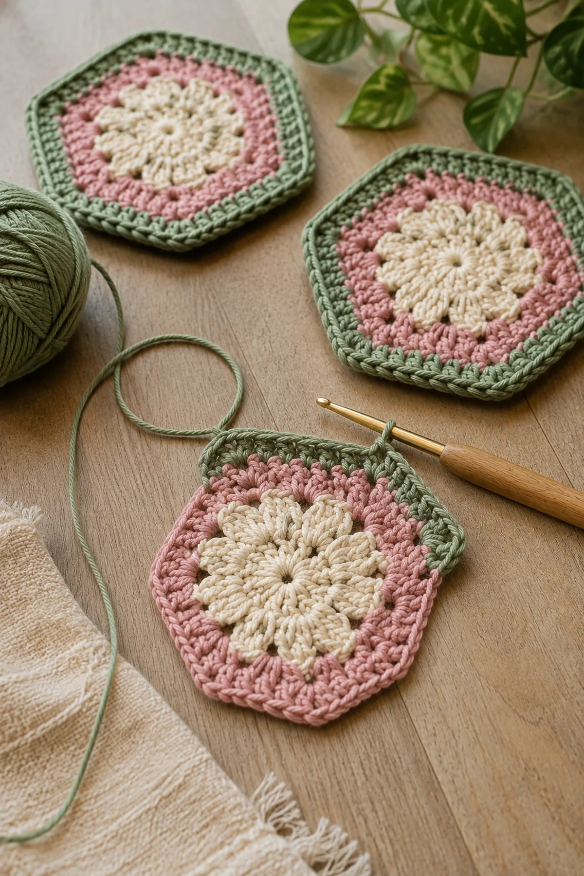 Early crochet construction stage for easy crochet hexagon cup mats with working yarn and hook
