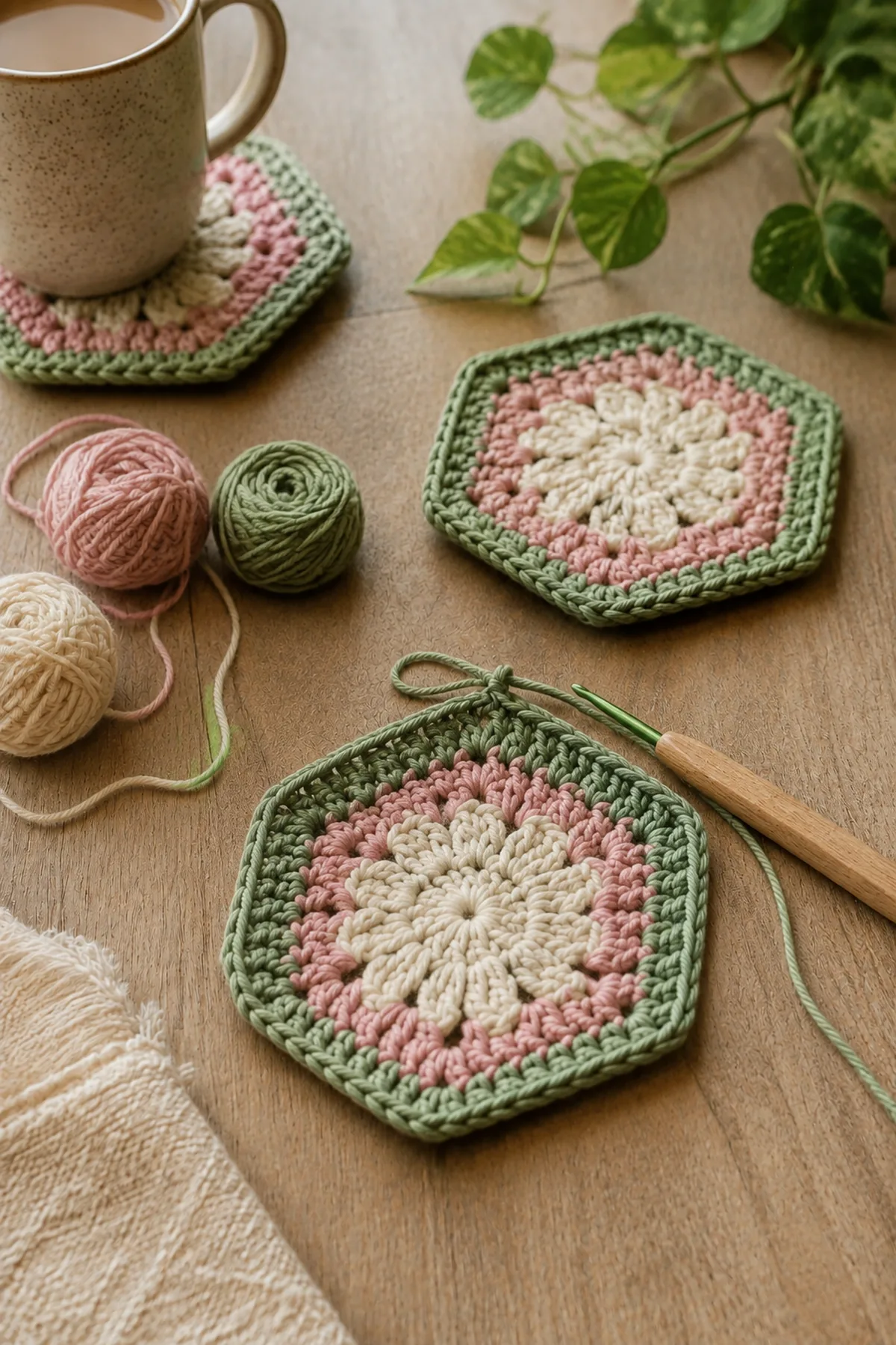 Mid-process crochet construction and shaping for easy crochet hexagon cup mats