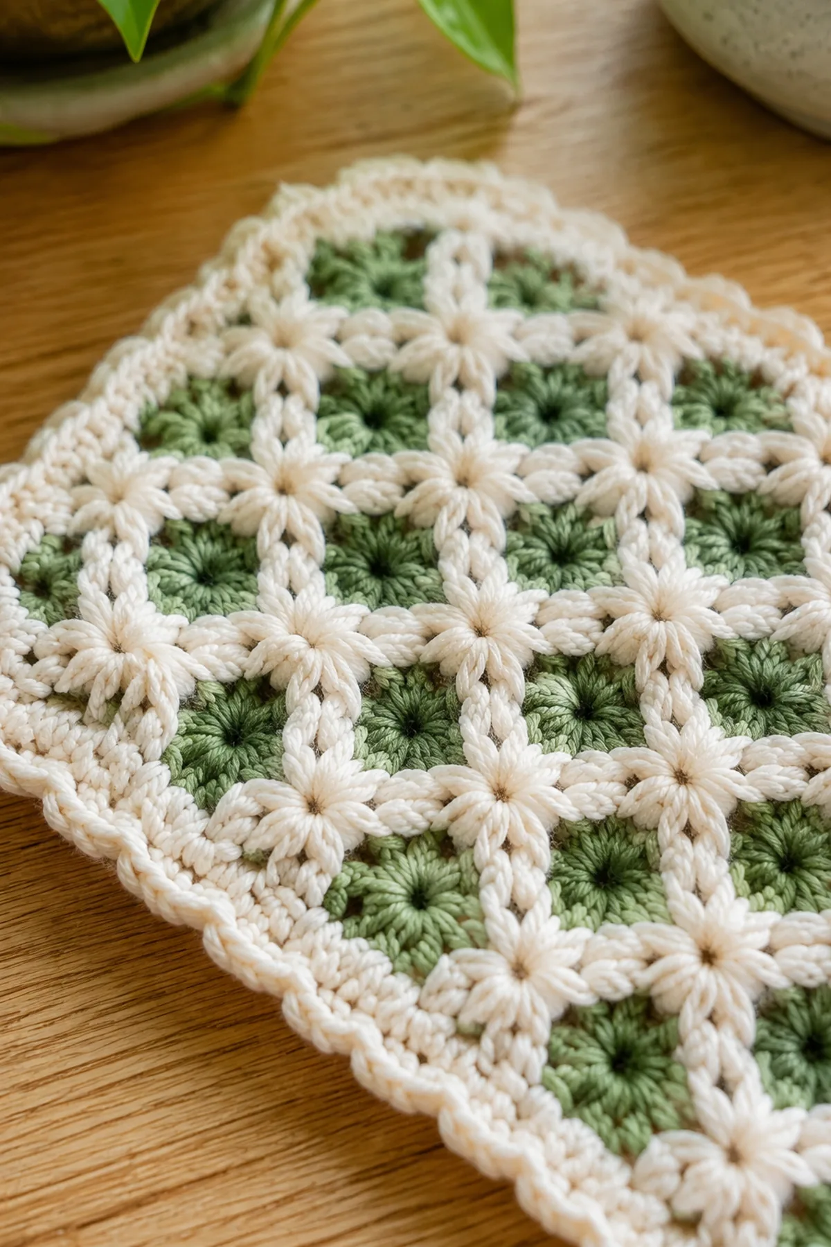 Close-up of the stitch texture and finishing details on easy crochet lattice cup trivet