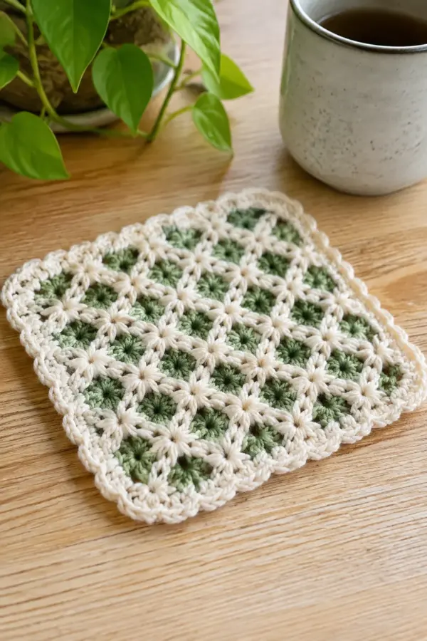 Finished easy crochet lattice cup trivet displayed with a clean handmade finish