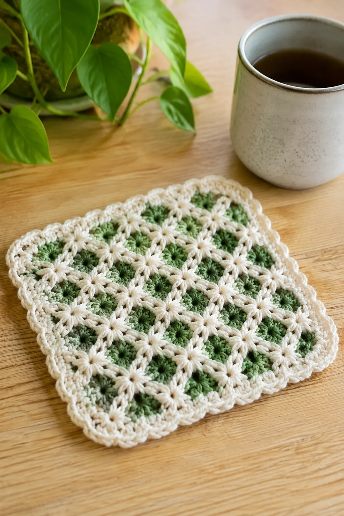 Finished easy crochet lattice cup trivet styled in a bright natural setting