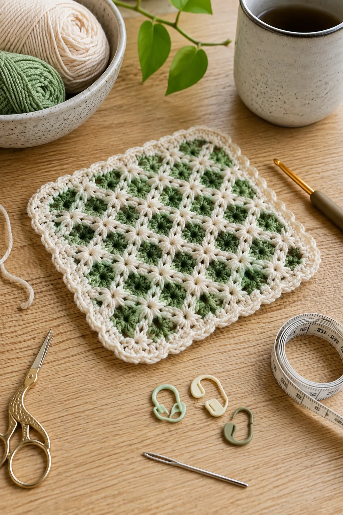 Yarn, crochet hook, stitch markers, yarn needle, tape measure, and scissors for easy crochet lattice cup trivet