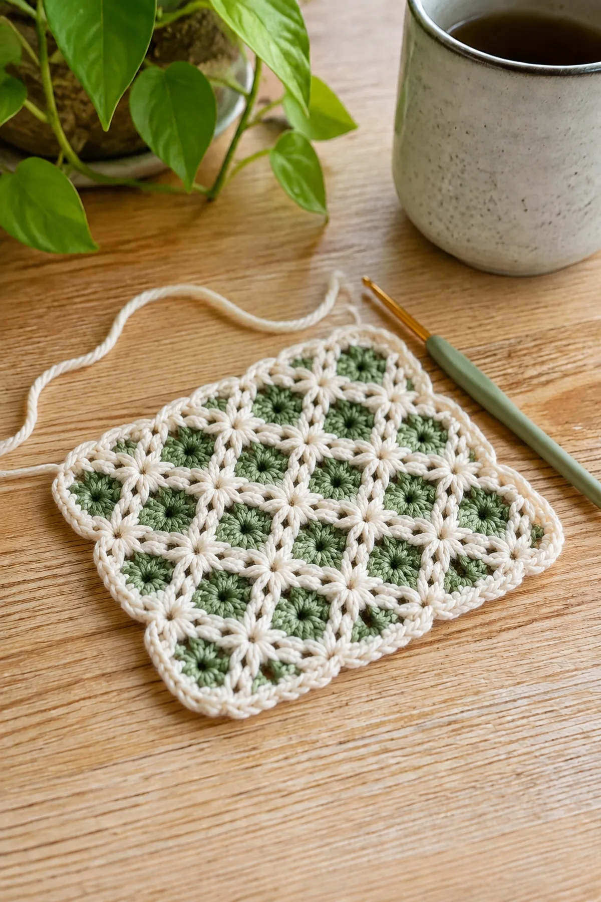 Early crochet construction stage for easy crochet lattice cup trivet with working yarn and hook