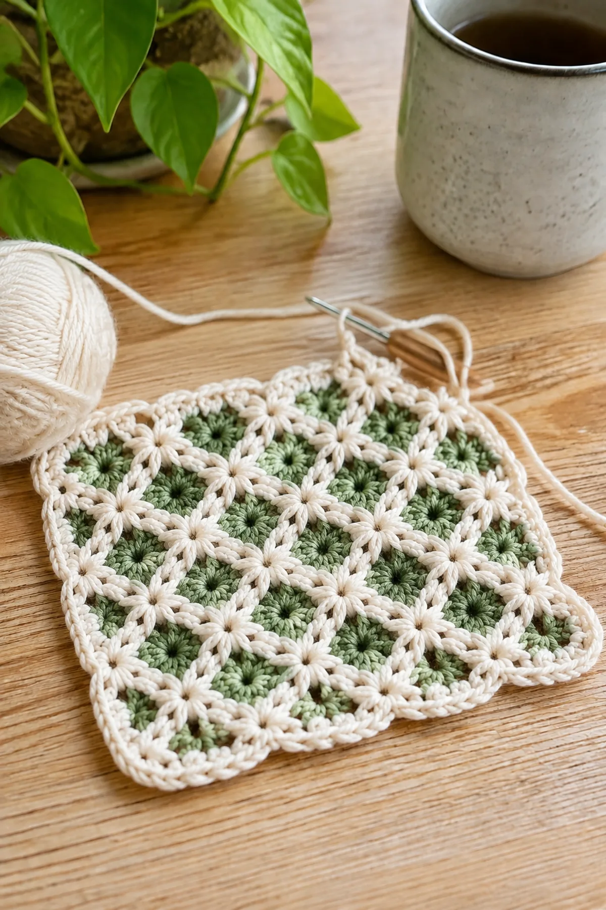 Mid-process crochet construction and shaping for easy crochet lattice cup trivet