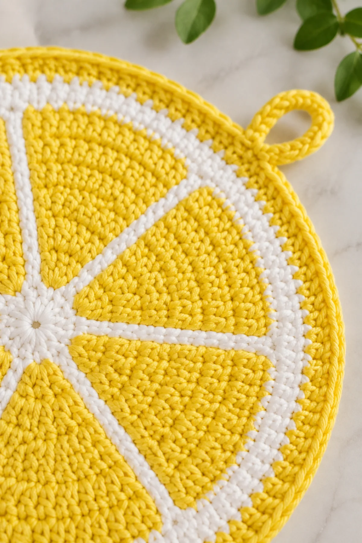 Close-up of the stitch texture and finishing details on easy crochet lemon slice pot holder